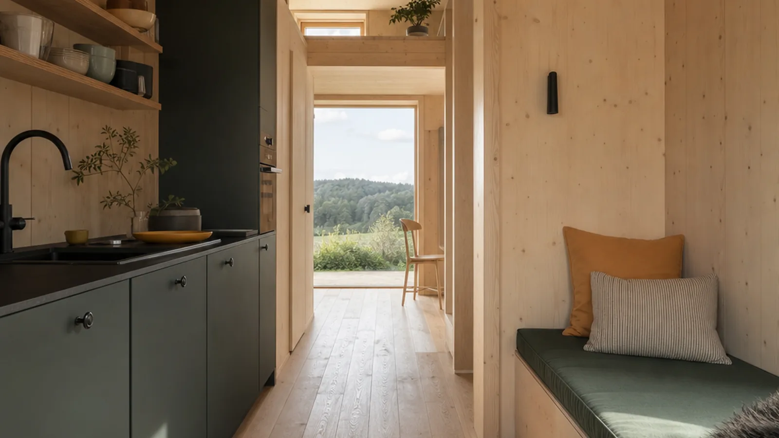 Tchibo Tiny House mit heller Küche und Holzdetails im kompakten Innenraum