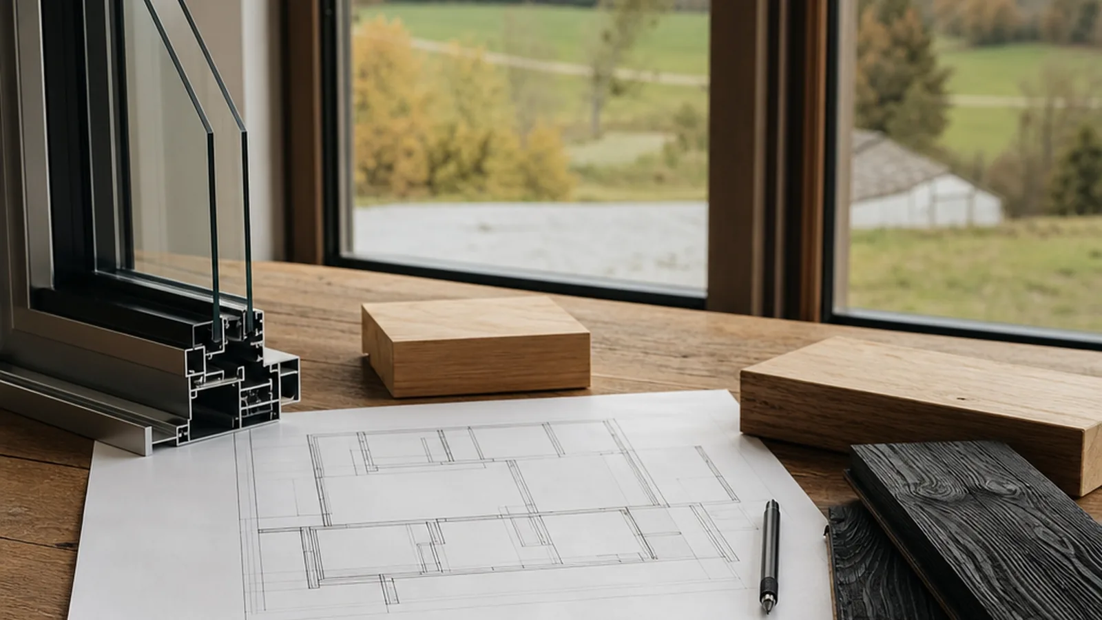 Tchibo Tiny House mit Bauplan und Materialmustern auf dem Planungstisch