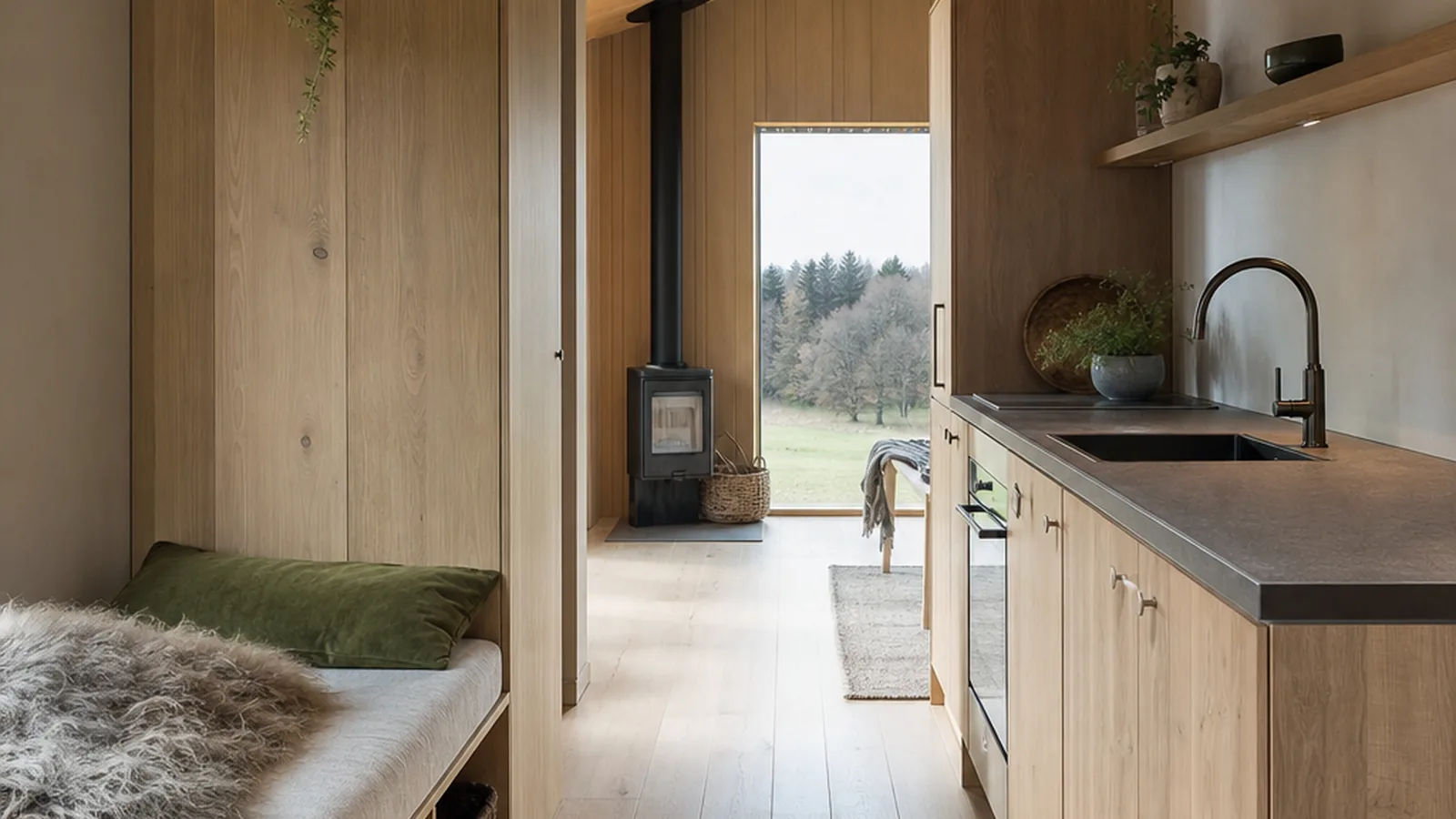Tiny Green Home mit heller Küche und Holzdetails im kompakten Innenraum