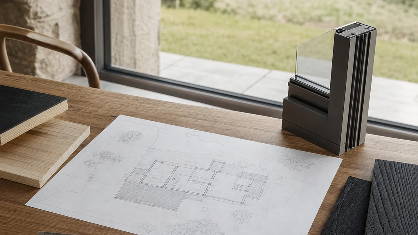 Tiny Green Home mit Bauplan und Materialmustern auf dem Planungstisch