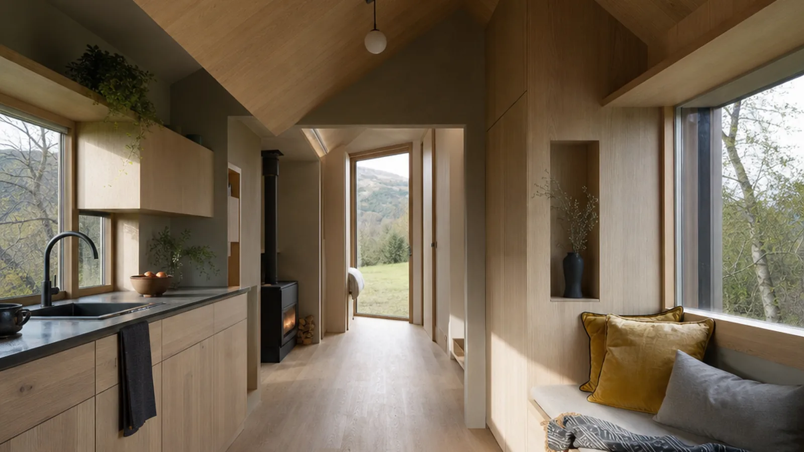Vital Camp Tiny House mit heller Küche und Holzdetails im kompakten Innenraum