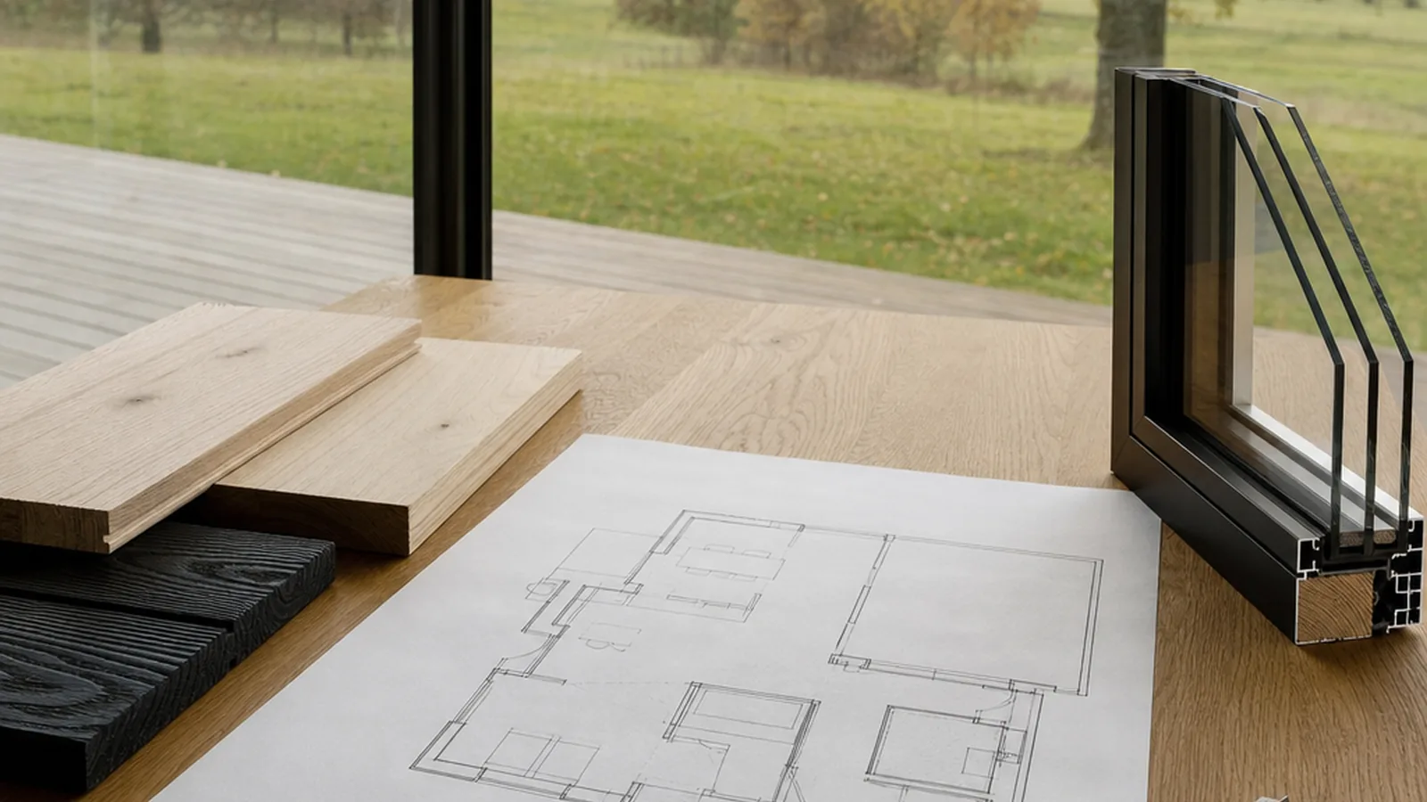 Vital Camp Tiny House mit Bauplan und Materialmustern auf dem Planungstisch