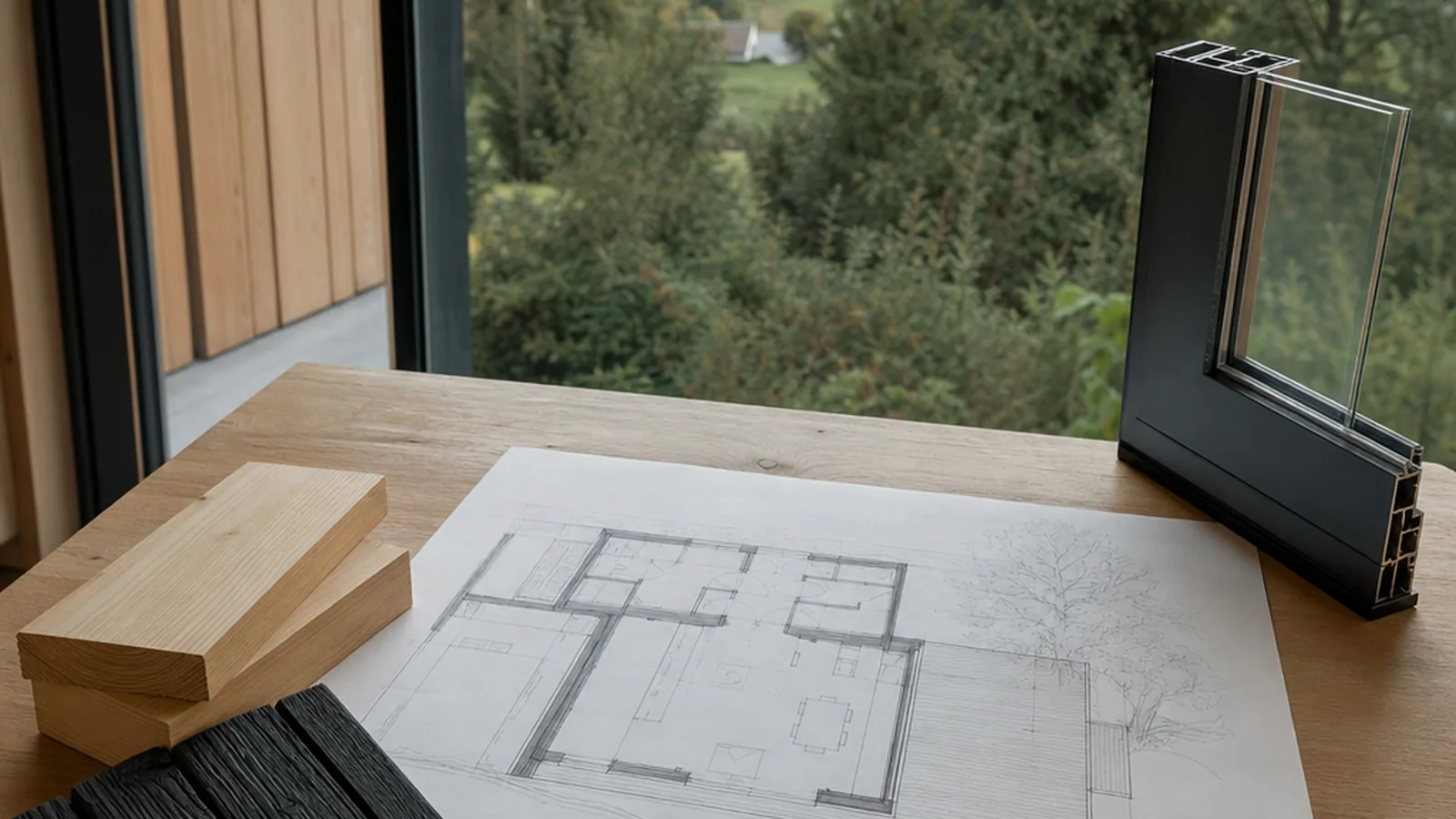 Wohlwagen Tiny House mit Bauplan und Materialmustern auf dem Planungstisch
