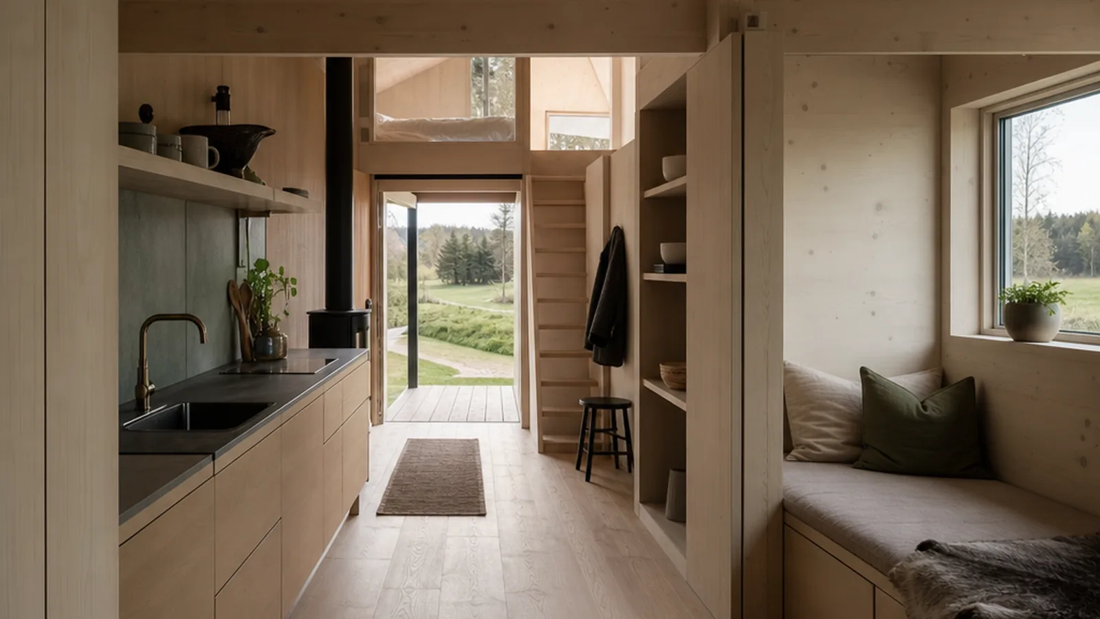 Wolf Haus Tiny House mit heller Küche und Holzdetails im kompakten Innenraum