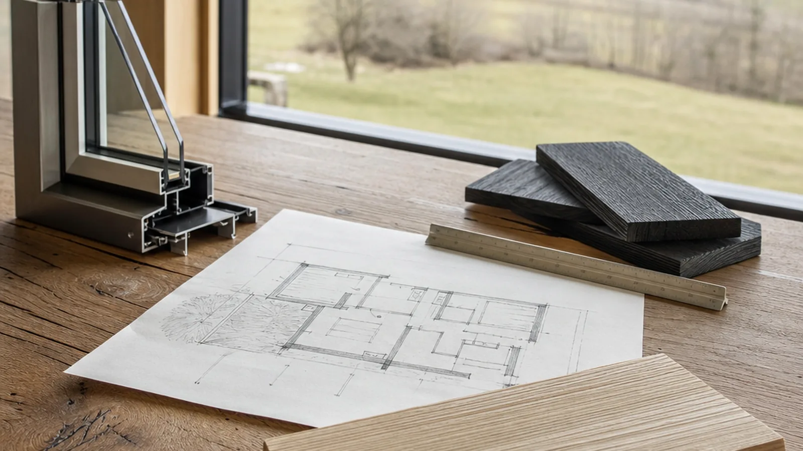 Wolf Haus Tiny House mit Bauplan und Materialmustern auf dem Planungstisch