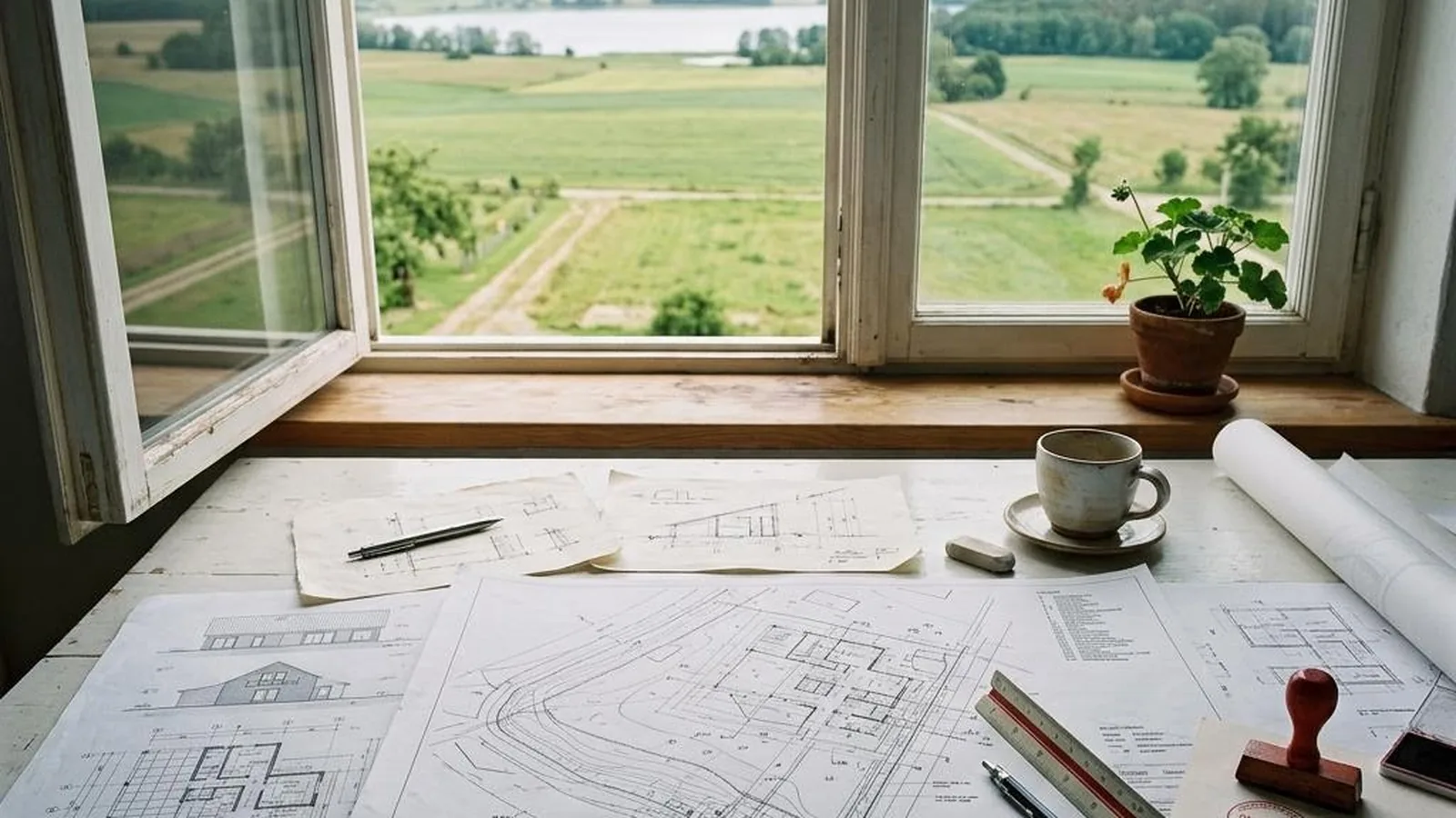Baugenehmigung für ein Tiny House in Mecklenburg-Vorpommern mit Bauplan, Lageplan und Maßstab auf einem hellen Schreibtisch