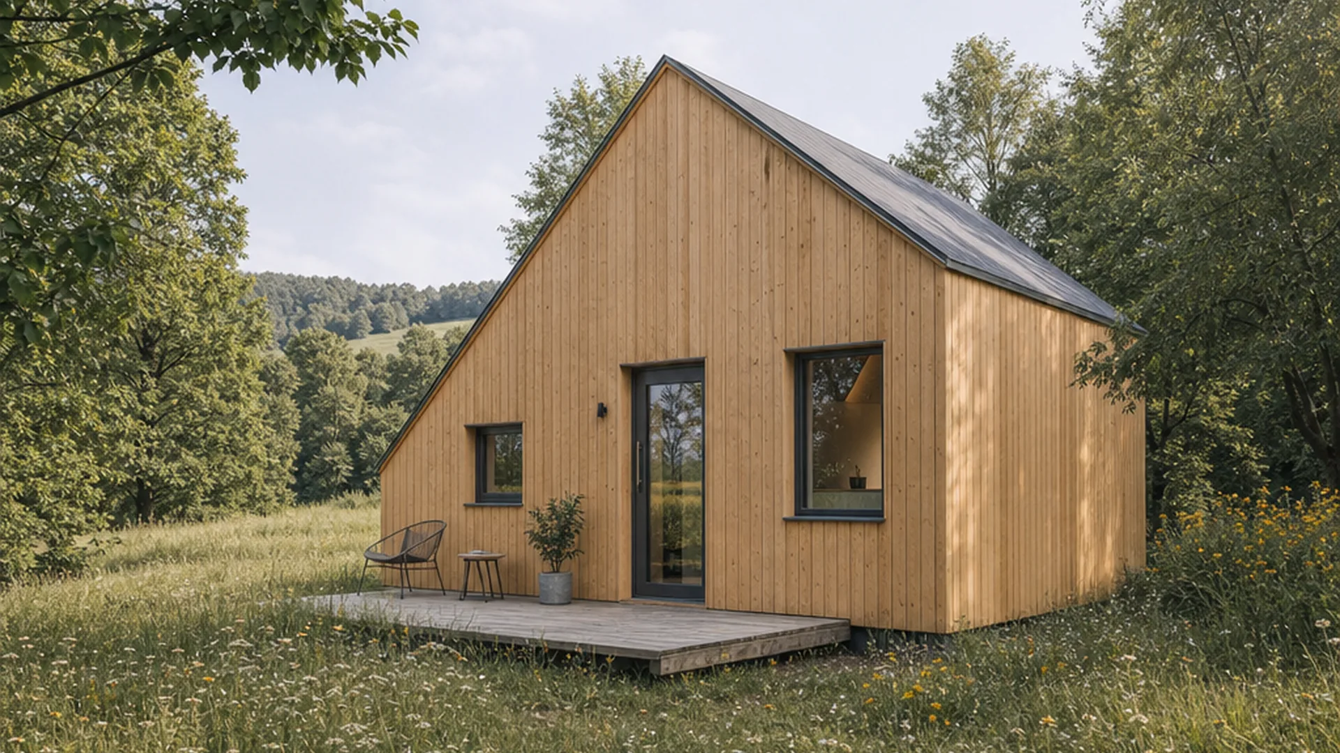 Baugenehmigung für ein Tiny House in Mecklenburg-Vorpommern mit heller Holzfassade und Terrasse im Abendlicht