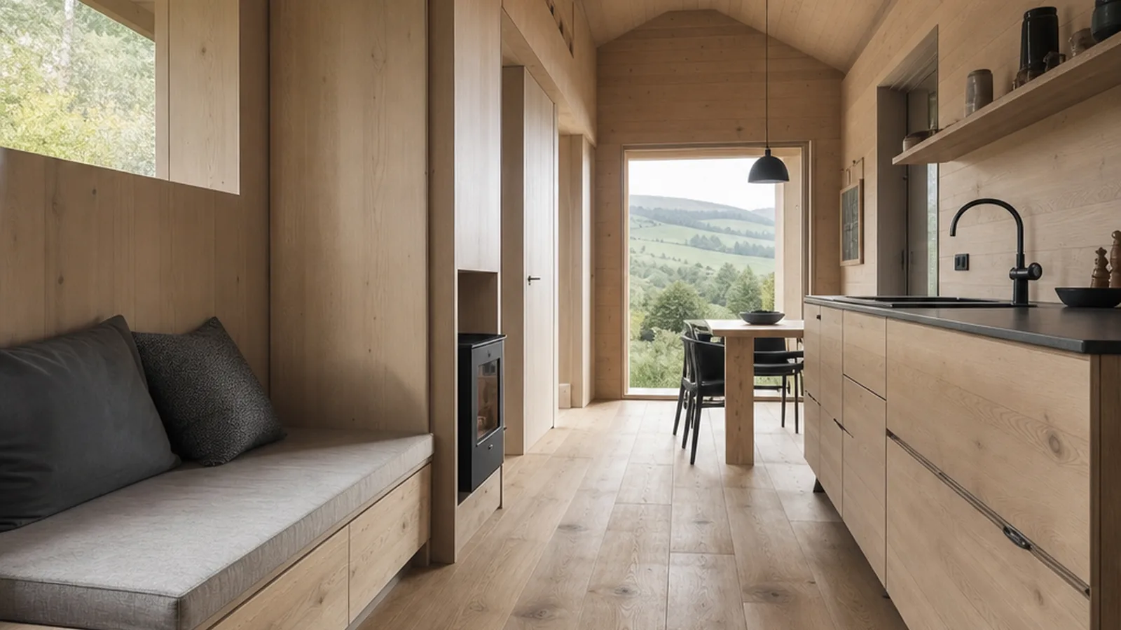 Baugenehmigung für ein Tiny House in Mecklenburg-Vorpommern mit heller Küche und Holzdetails im kompakten Innenraum