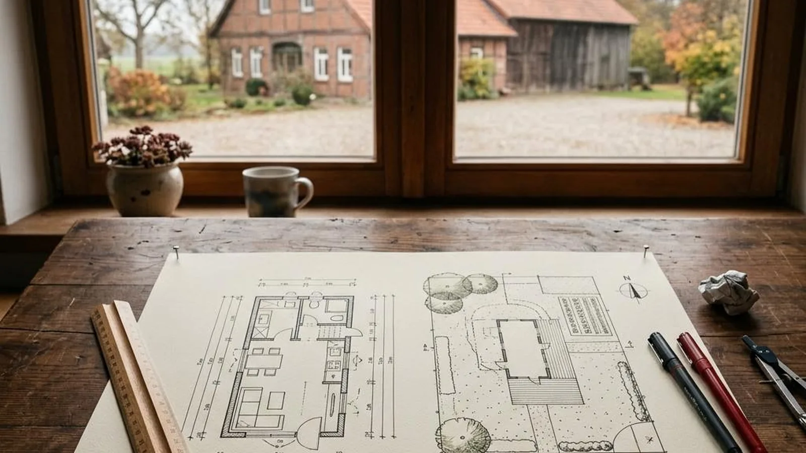 Baugenehmigung für ein Tiny House in Niedersachsen mit Bauplan, Lageplan und Maßstab auf einem hellen Schreibtisch