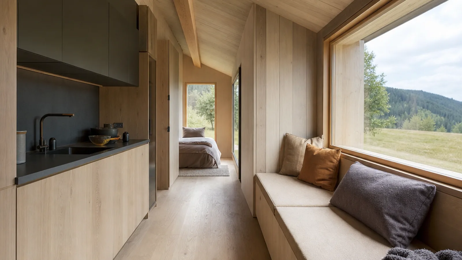 Baugenehmigung für ein Tiny House in Niedersachsen mit heller Küche und Holzdetails im kompakten Innenraum