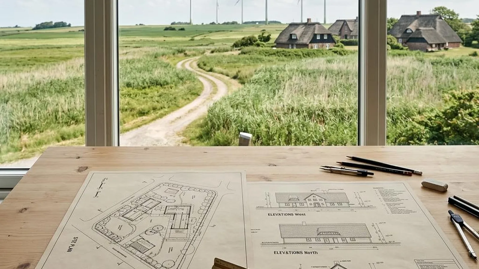 Tiny House in Schleswig-Holstein mit Bauplan, Lageplan und Maßstab auf einem hellen Schreibtisch