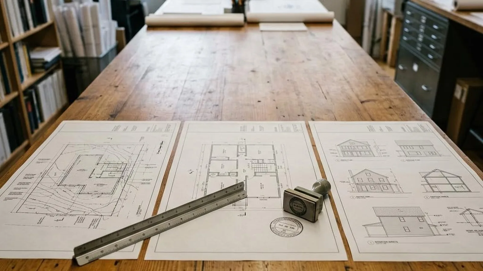 Tiny-House-Baugenehmigung Schritt für Schritt mit Lageplan, Grundriss und Ansichten nebeneinander mit Maßstab und Stempel
