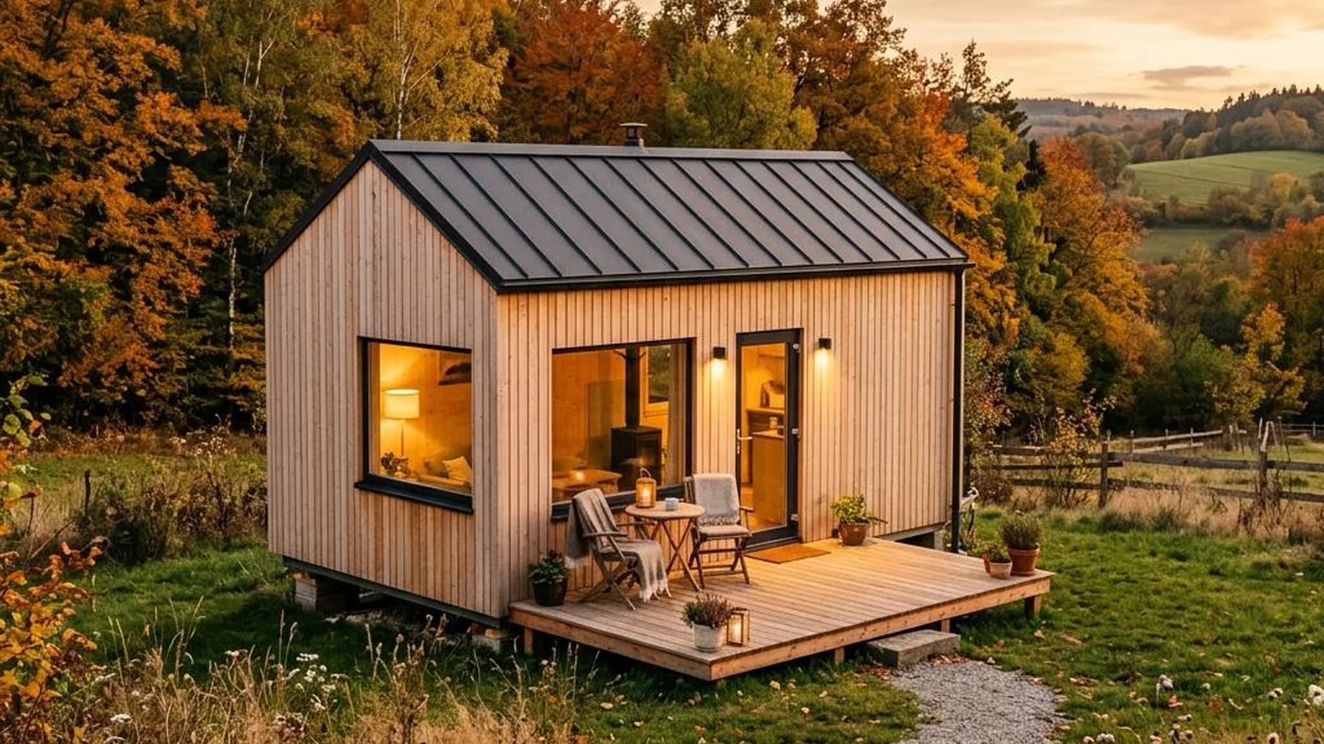 Tiny-House-Baugenehmigung Schritt für Schritt mit heller Lärchenfassade und Terrasse auf dem Land