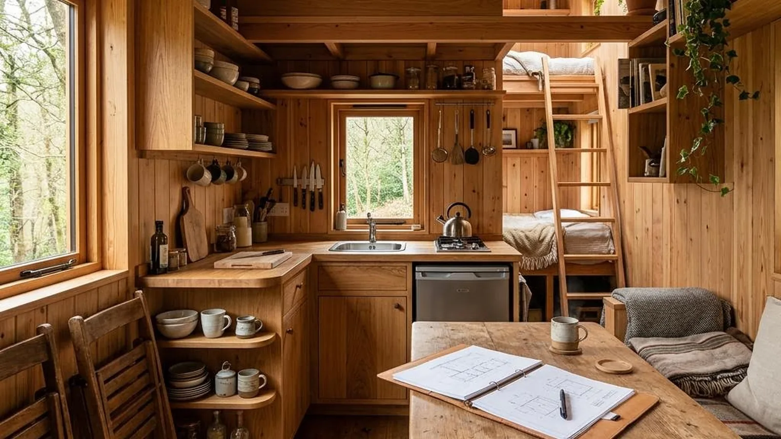 Tiny-House-Baugenehmigung Schritt für Schritt mit Planungsmappe auf dem Esstisch im kompakten Innenraum