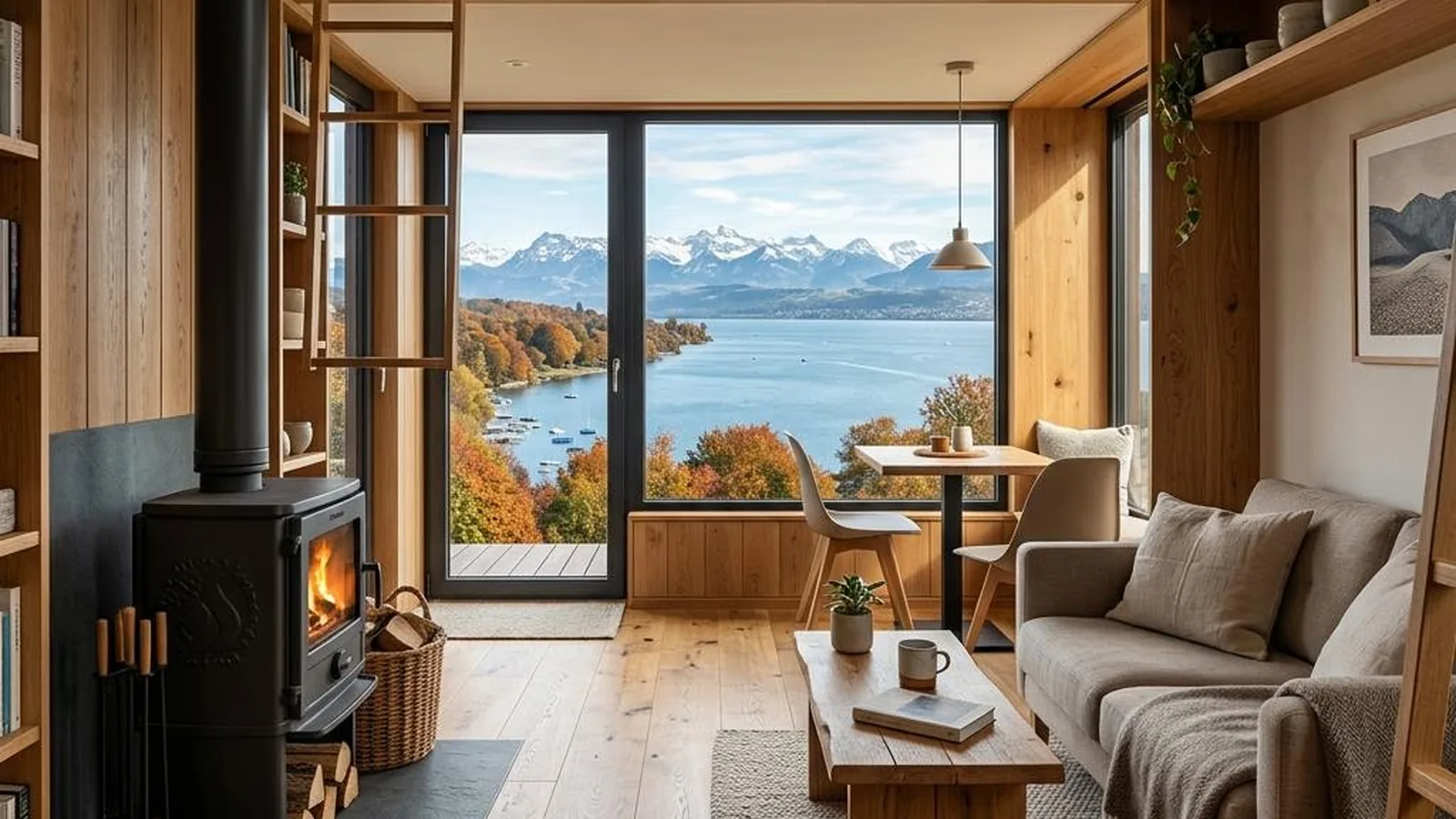 Tiny House am Bodensee mit Panoramafenster zum See und den Alpen im Herbst