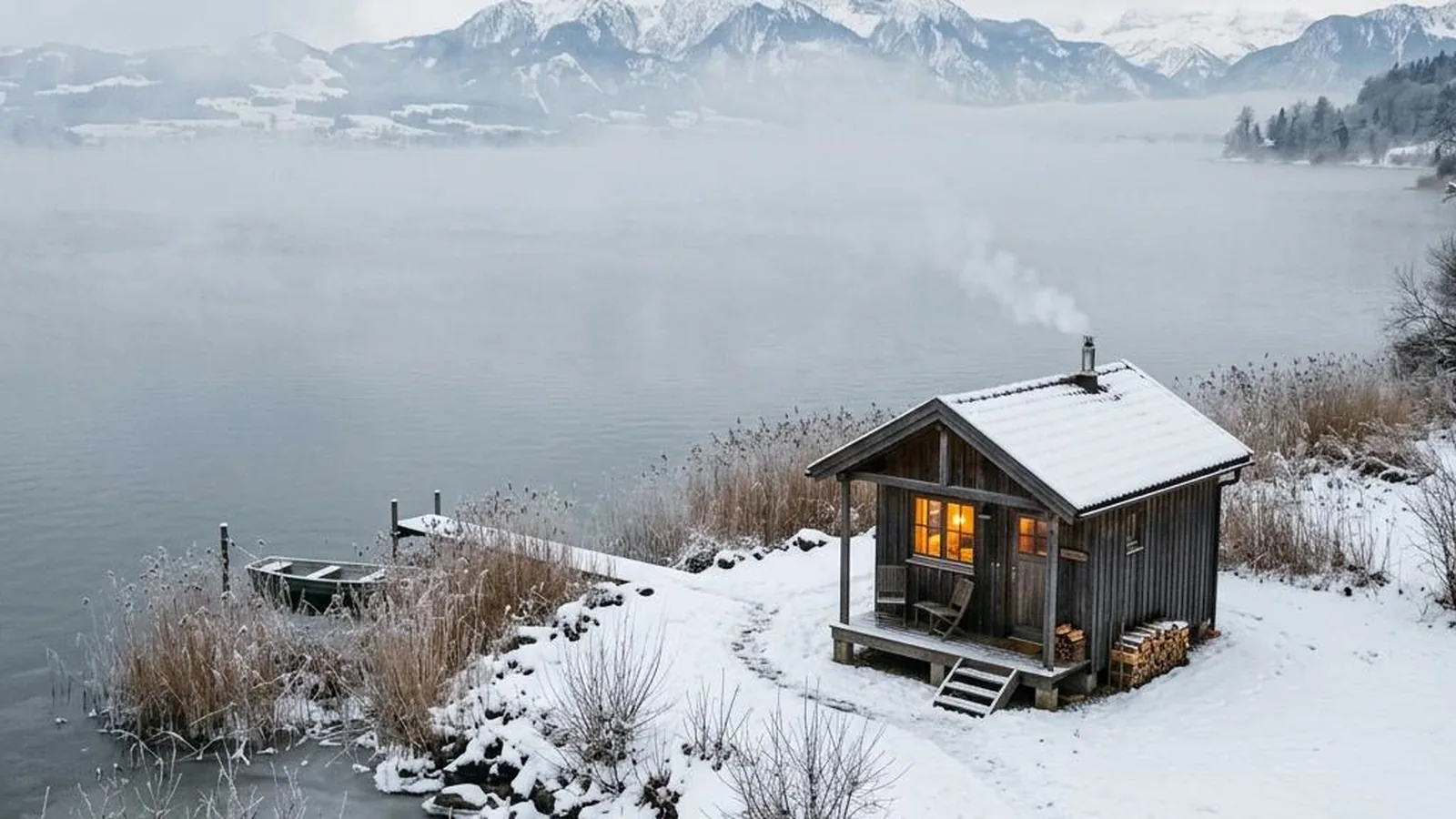 Tiny House am Bodensee mit Nebel über dem See und verschneiten Alpengipfeln im Januar