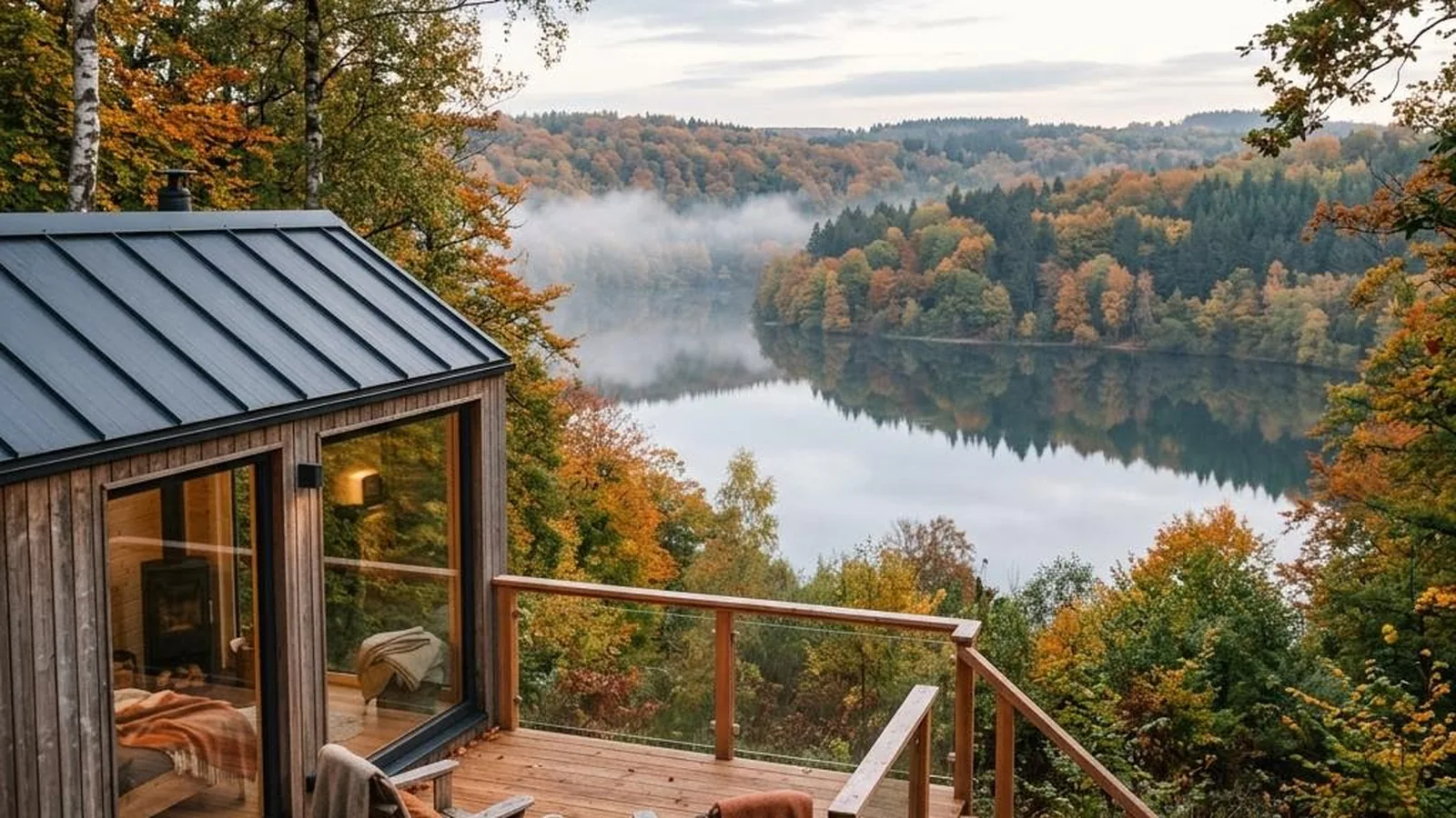 Tiny House in der Eifel mit Terrasse über einem stillen Maar am Herbstmorgen
