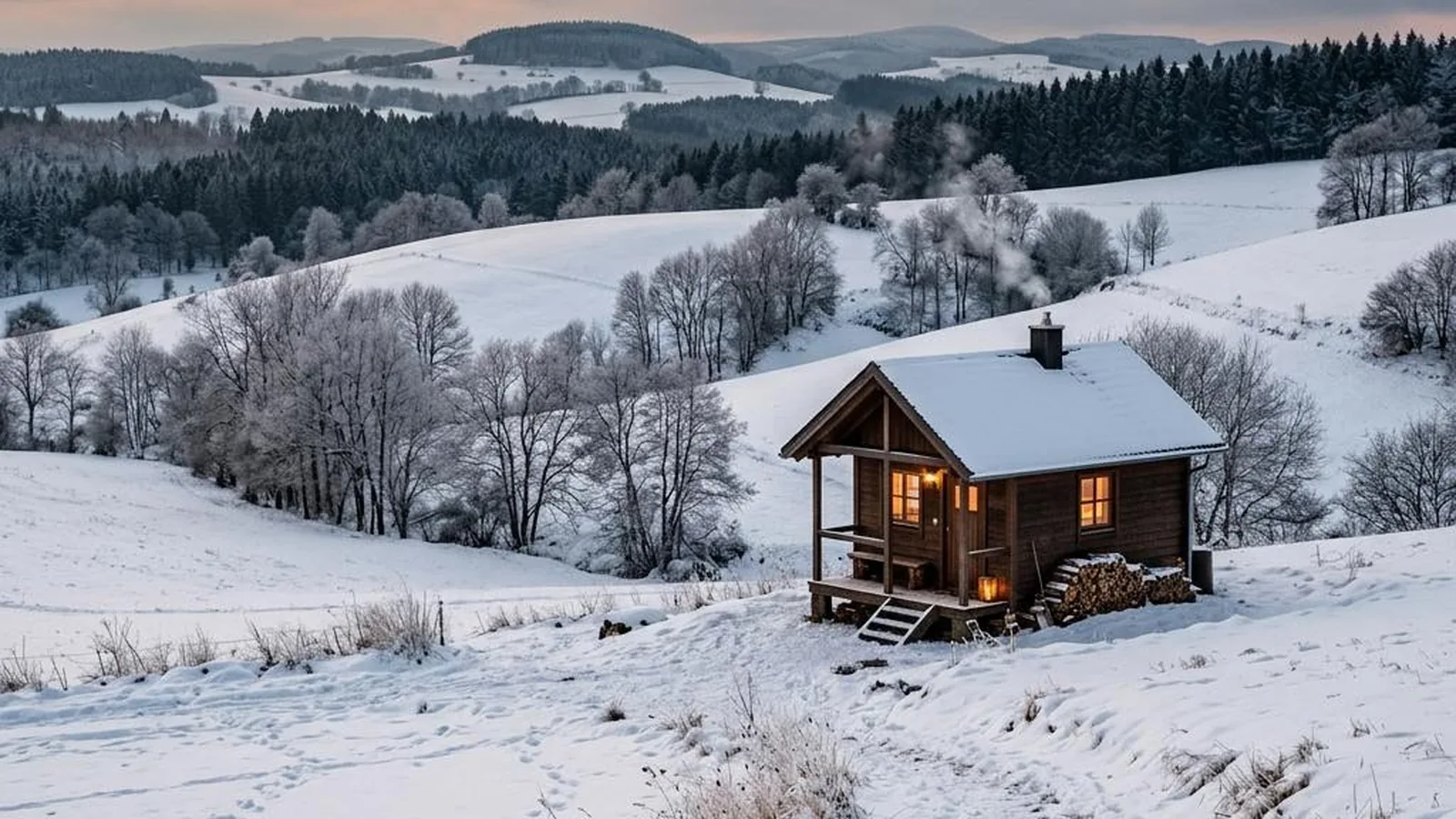 Tiny House in der Eifel mit verschneiten Vulkanhügeln und frostigen Feldern