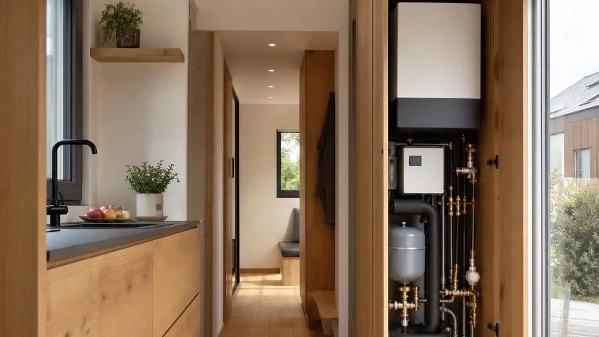 Tiny House FAQ mit kompakter Haustechnik und Eichenküche bei Stuttgart