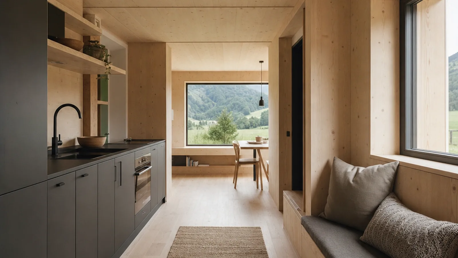 Tiny-House-Fundament mit heller Küche und Holzdetails im kompakten Innenraum