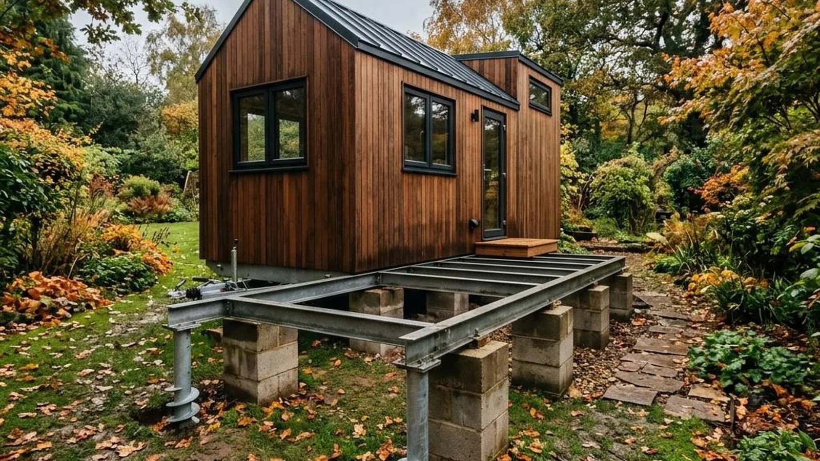 Tiny-House-Fundament mit kompaktem Modell auf Streifenfundament im herbstlichen Garten