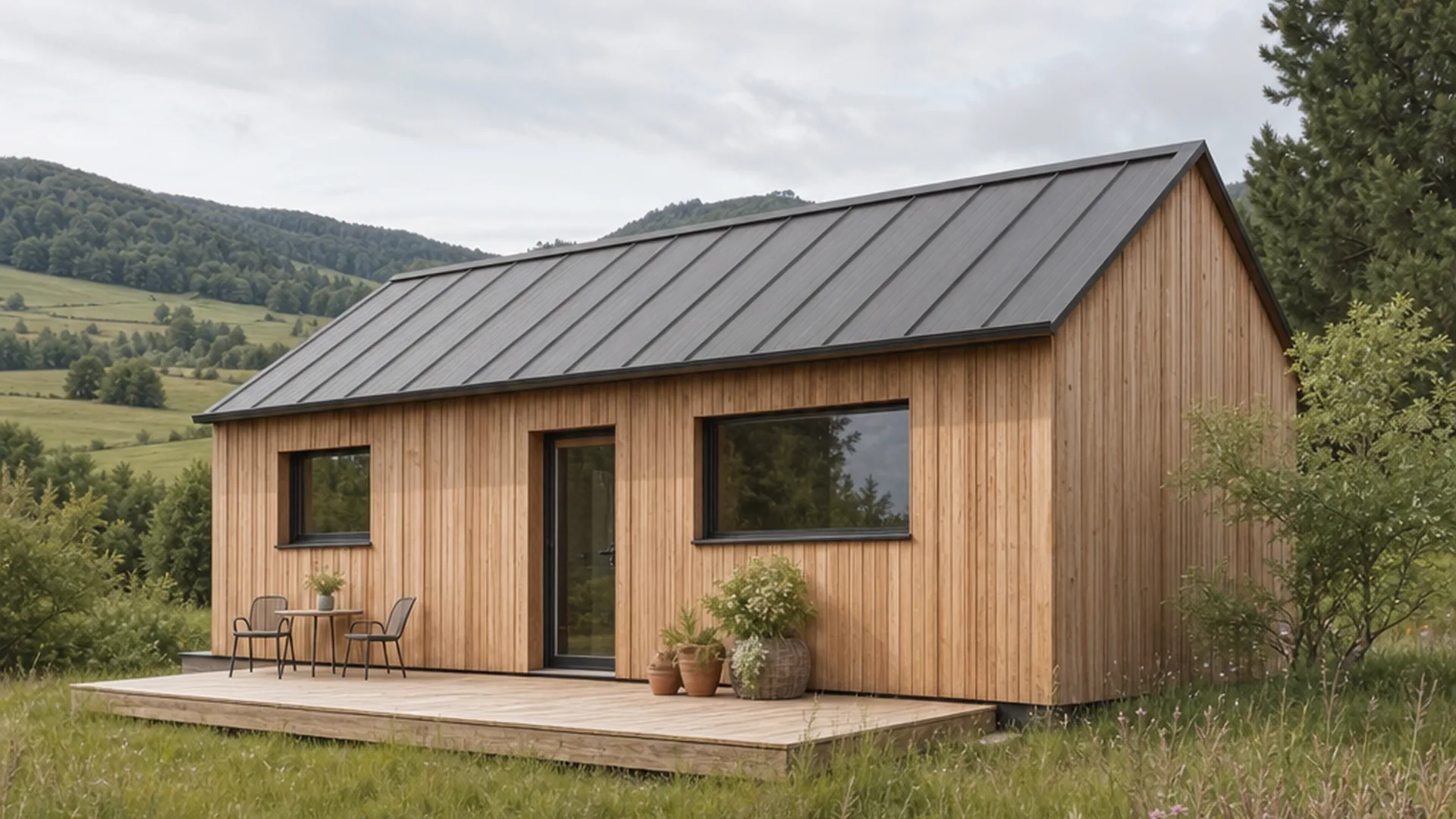Tiny-House-Größentabelle mit heller Holzfassade und Terrasse im Abendlicht