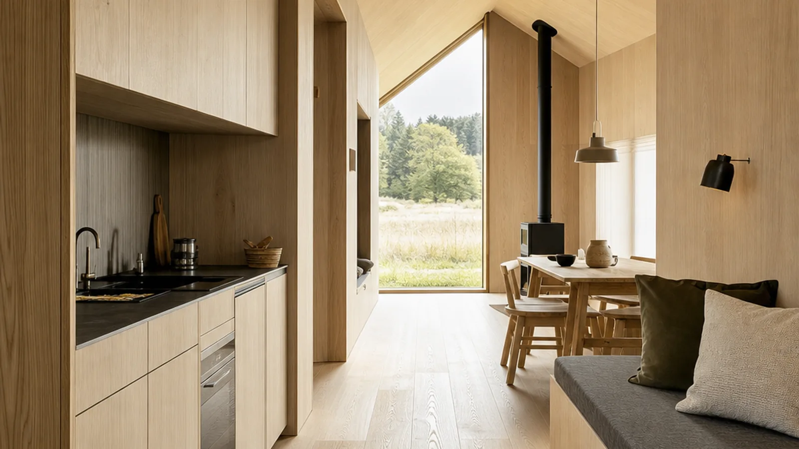Tiny-House-Größentabelle mit heller Küche und Holzdetails im kompakten Innenraum