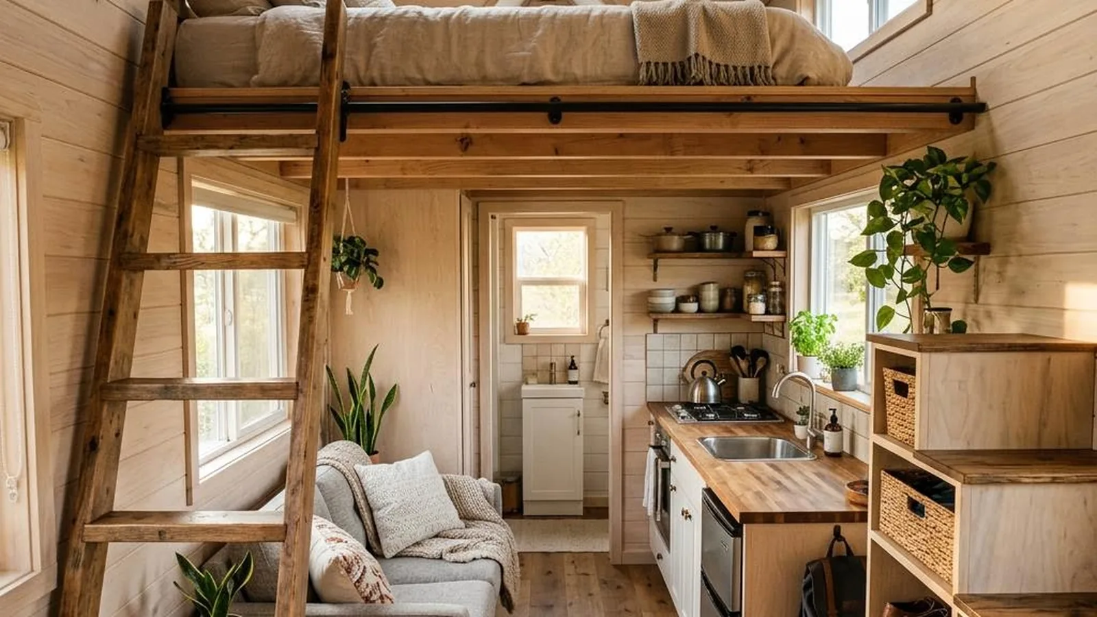 Tiny-House-Größentabelle mit Blick durch die ganze Länge bis zum Schlafloft