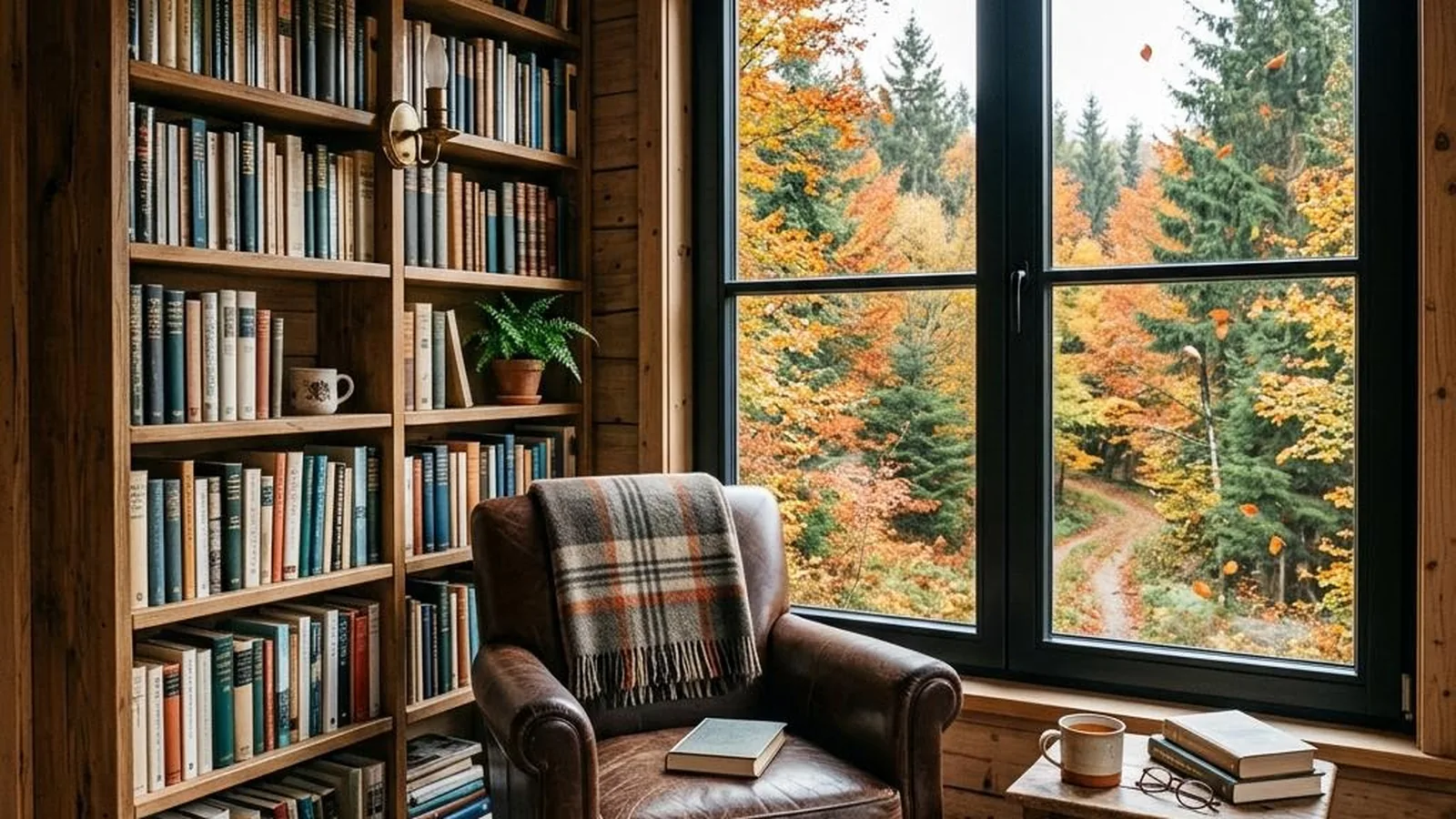 Tiny House im Harz mit Leseecke und Fensterblick in den Fichtenwald im Herbst