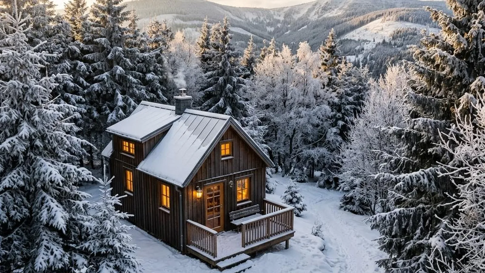 Tiny House im Harz mit verschneiten Fichten im Raureif bei tiefer Sonne