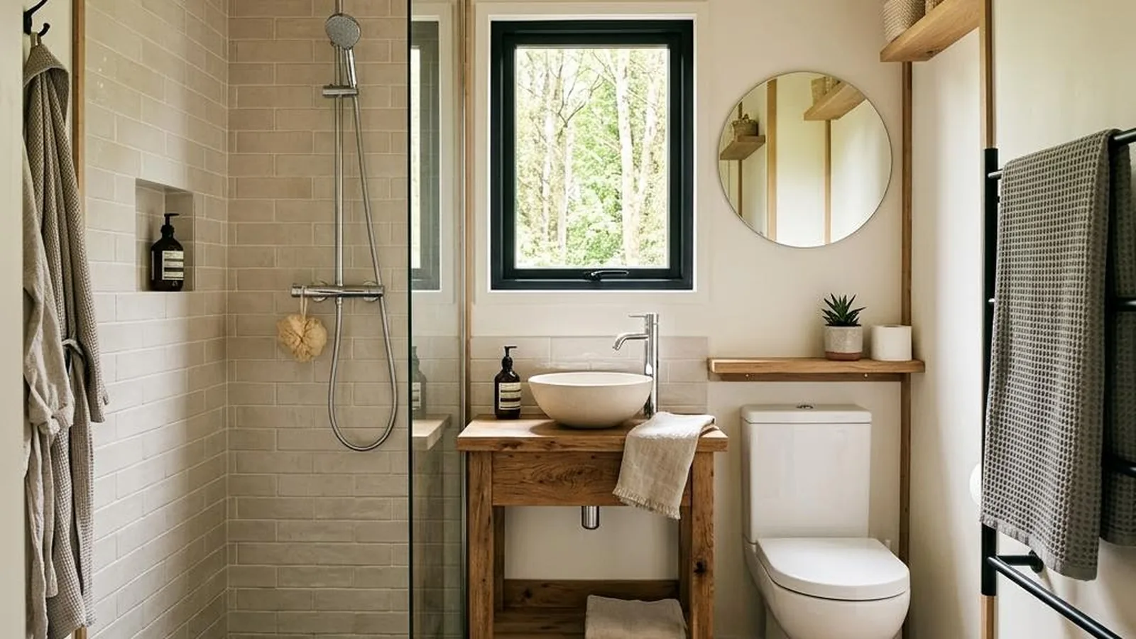 Tiny-House-Modelle im Überblick mit begehbarer Dusche und Holzwaschtisch im kompakten Bad