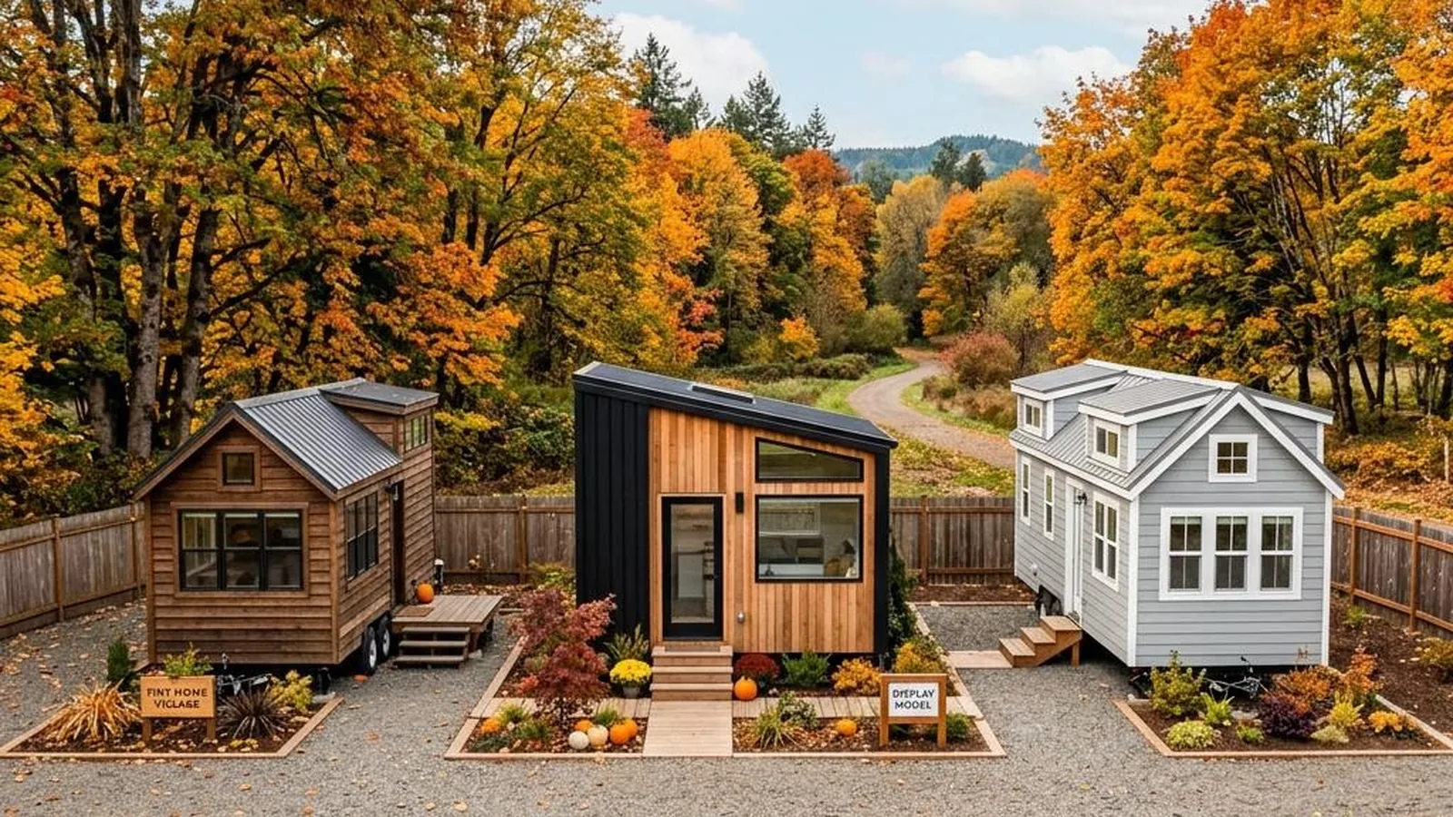 Tiny-House-Modelle im Überblick mit drei Häusern unterschiedlicher Größe und Fassade in einer Reihe