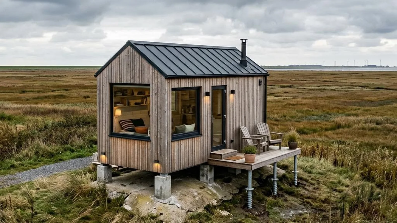 Tiny House an der Nordsee mit Punktfundament in der flachen Marschlandschaft im Herbst