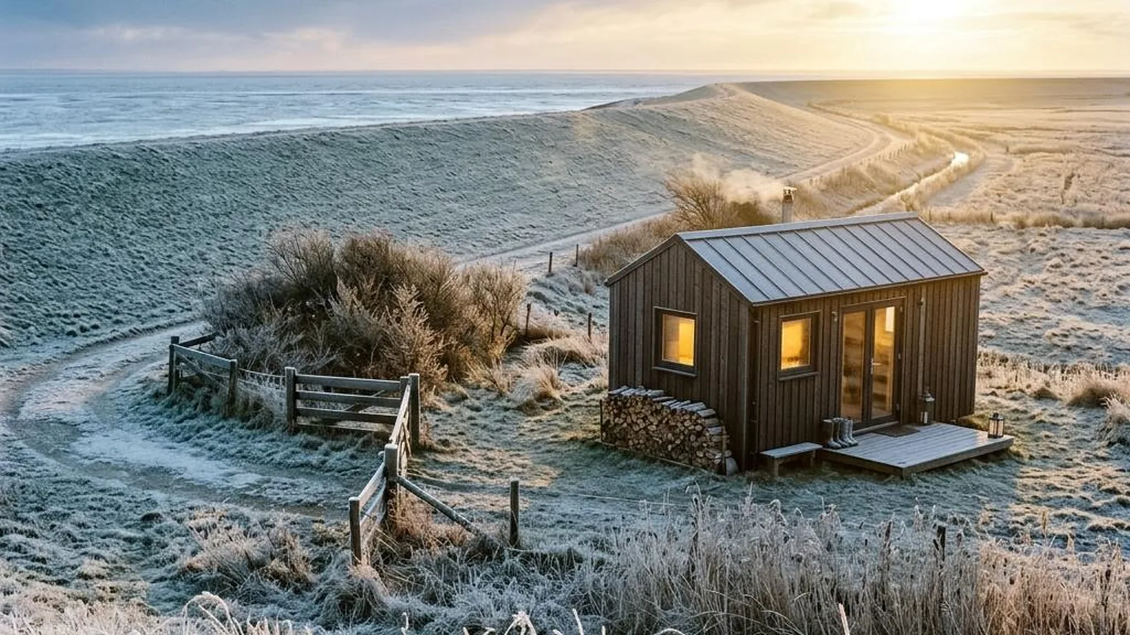 Tiny House an der Nordsee mit Raureif am Deich in der tiefen Wintersonne