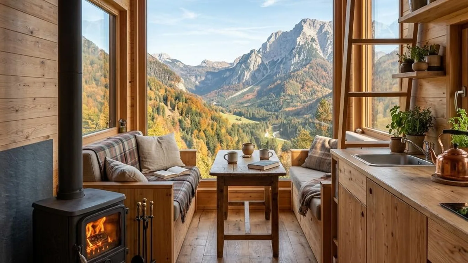 Tiny House in Österreich mit Lärchenverkleidung, Holzofen und Bergblick im Herbst