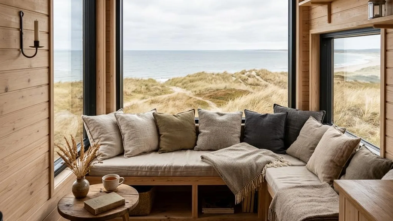 Tiny House an der Ostsee mit Dünenblick aus dem hellen Wohnraum am Herbstnachmittag