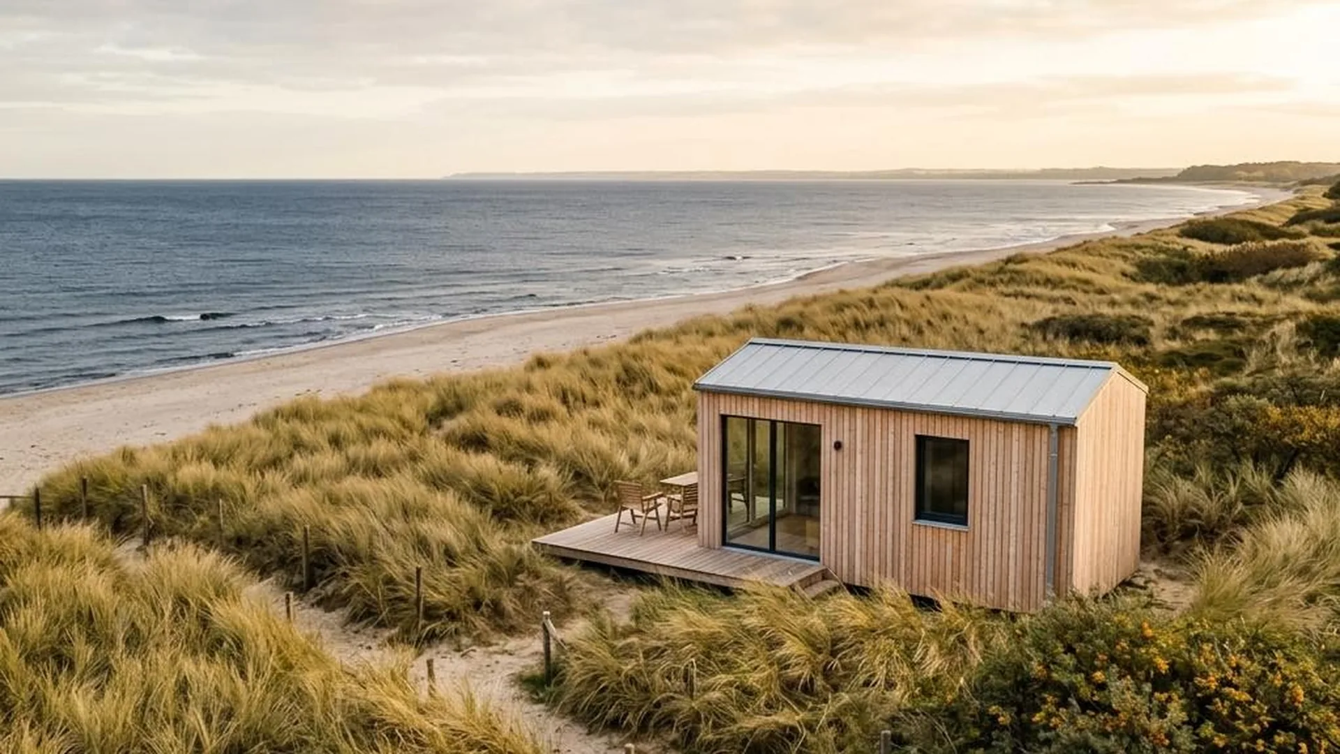 Tiny House an der Ostsee mit heller Lärchenfassade zwischen Dünengras im Oktober