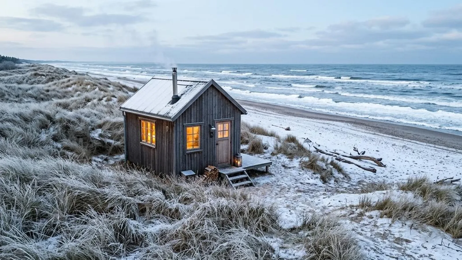 Tiny House an der Ostsee mit Dünengras im Raureif an einem klaren Wintertag