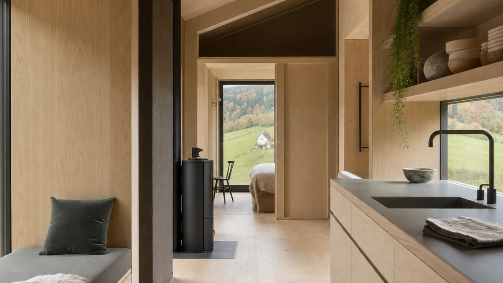 Tiny House mit 70 m² mit heller Küche und Holzdetails im kompakten Innenraum