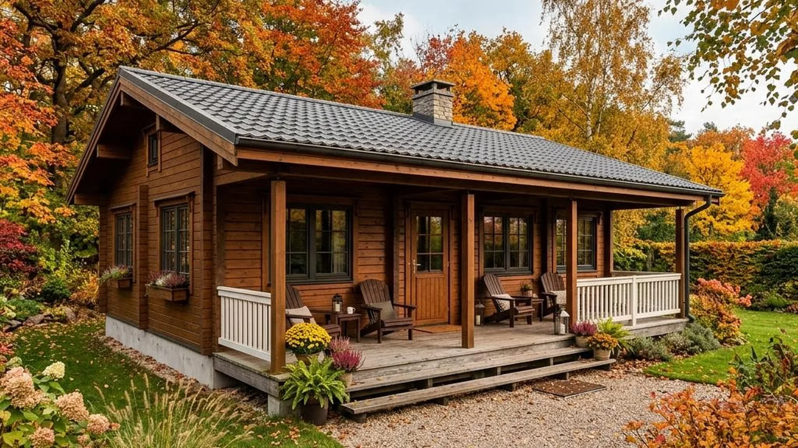 Tiny House mit 70 m² mit kompaktem Modell auf Streifenfundament im herbstlichen Garten