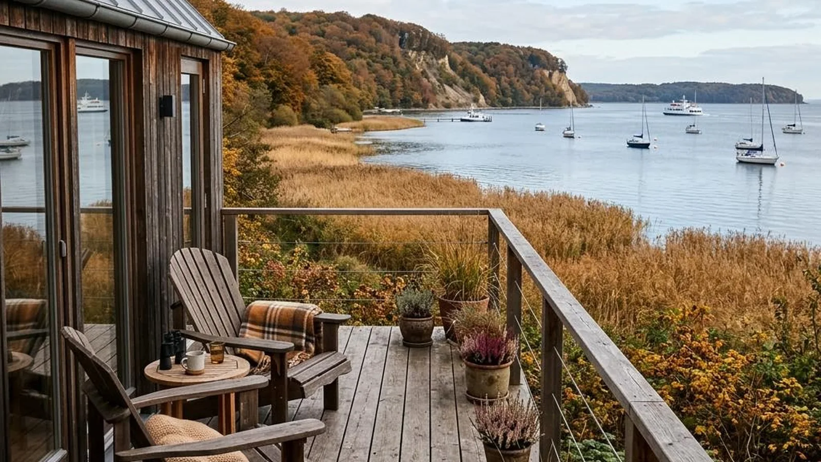 Tiny House auf Rügen mit Holzterrasse mit Blick auf den Bodden im Herbst