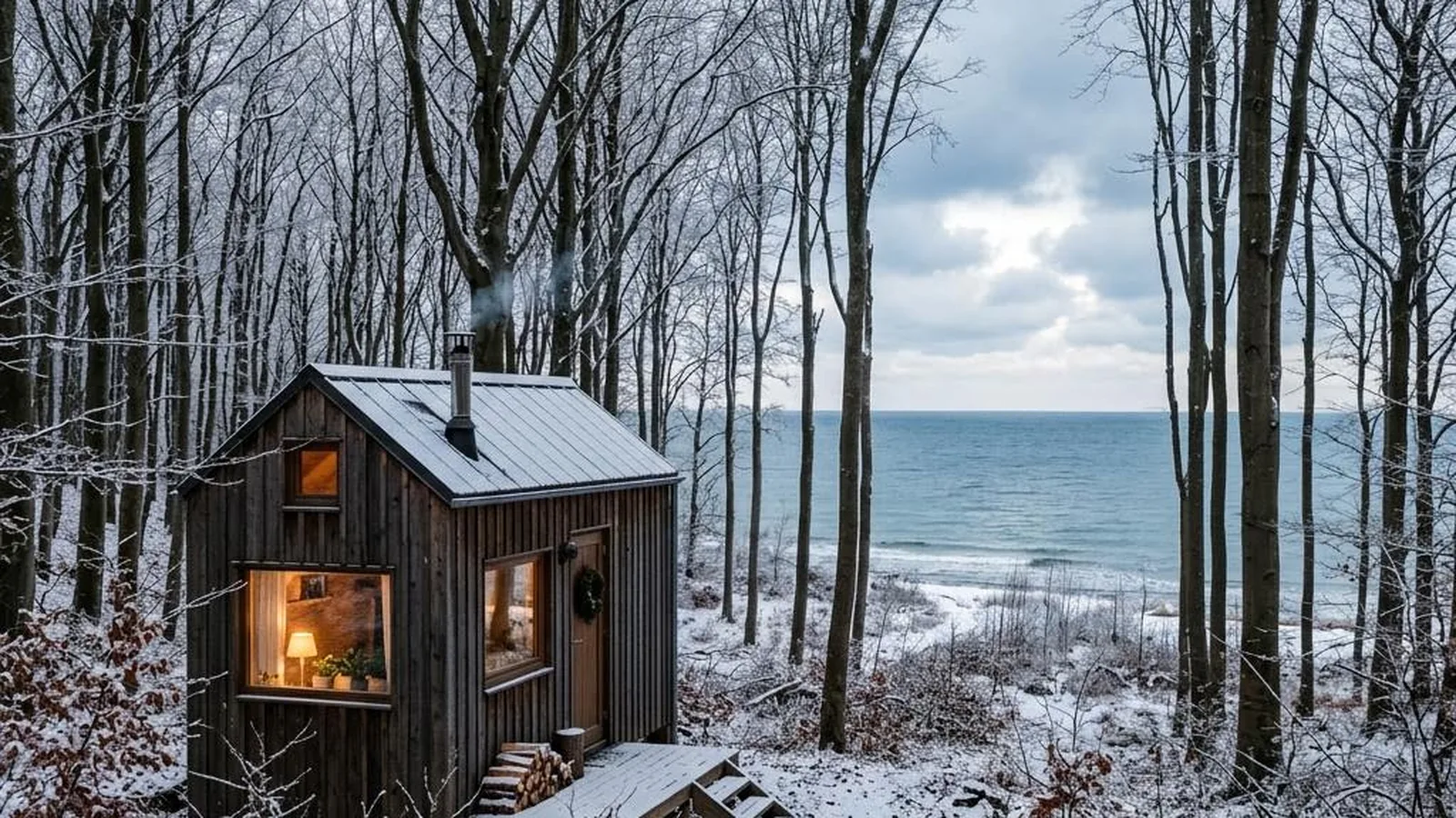 Tiny House auf Rügen mit Schnee im kahlen Buchenwald an der Küste