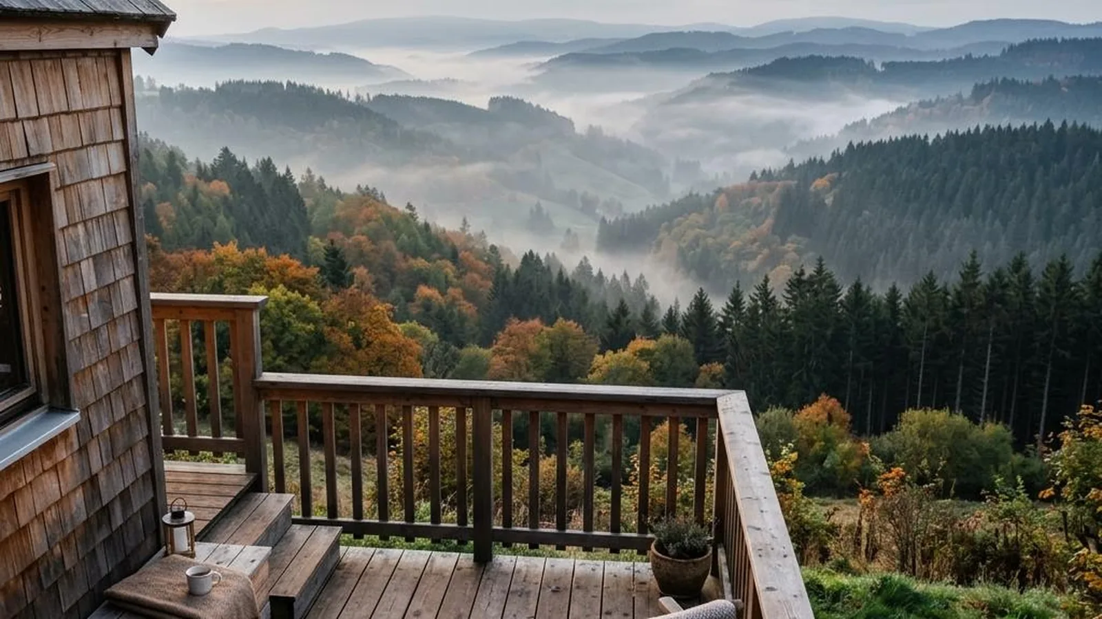 Tiny House im Schwarzwald mit Holzdeck über nebligen Schwarzwaldtälern am Herbstmorgen