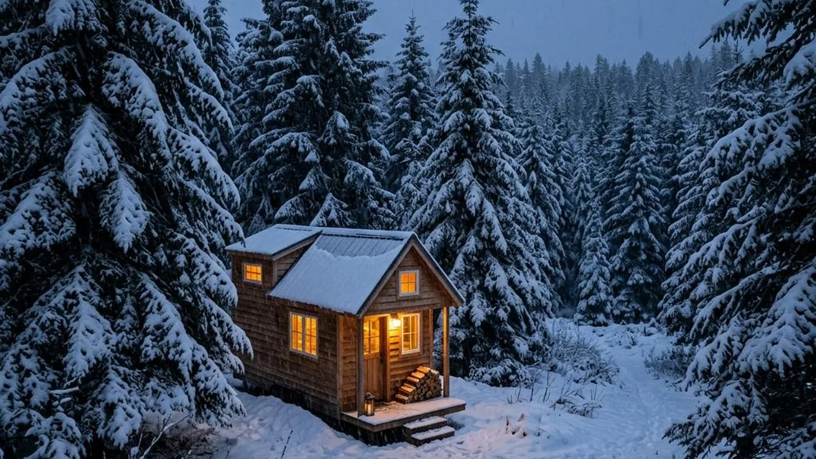 Tiny House im Schwarzwald mit schneebedeckten Tannen bei leichtem Schneefall in der Dämmerung