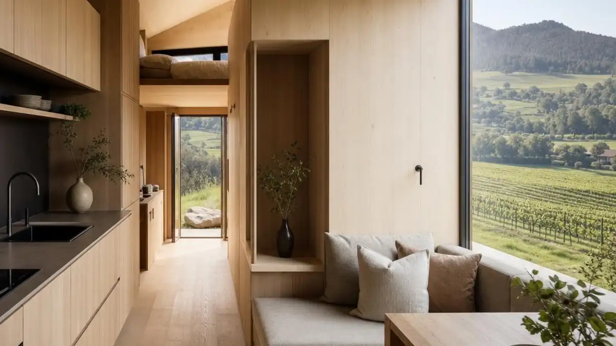 Tiny House Aargau mit heller Kueche und Blick in Weinberge