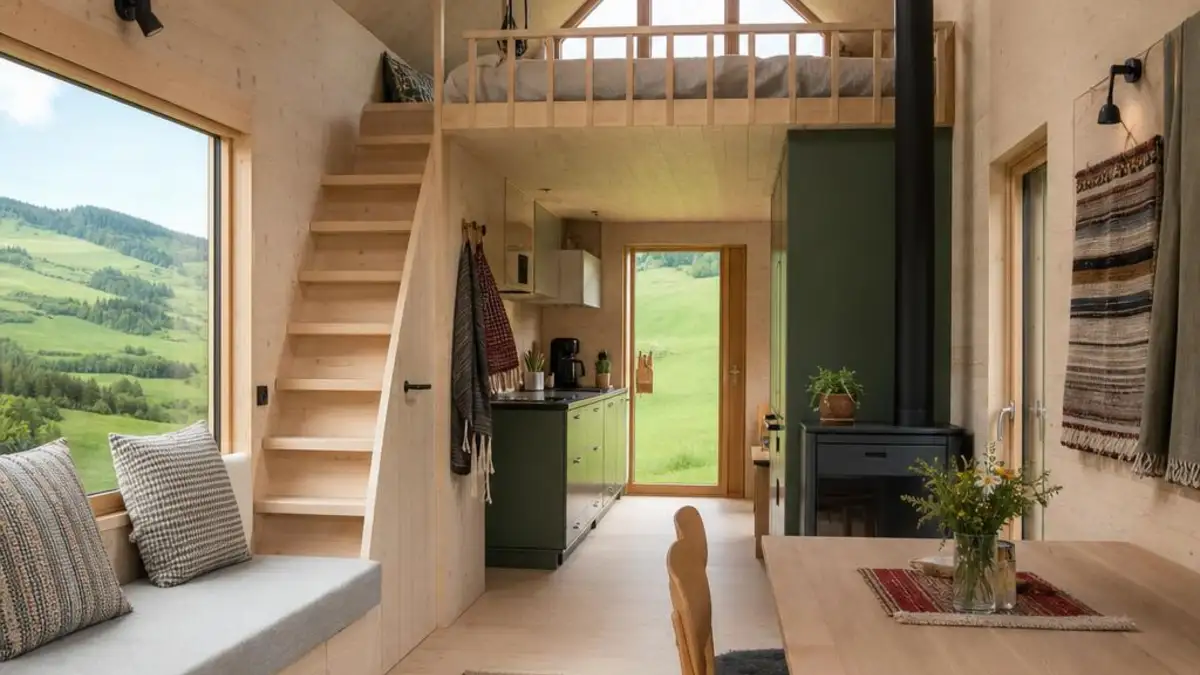 Tiny House Appenzell mit Holzinterieur und Blick auf Voralpen