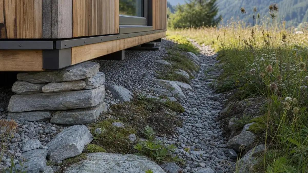 Tiny House Schweiz mit Fundamentdetail und naturnaher Entwaesserung