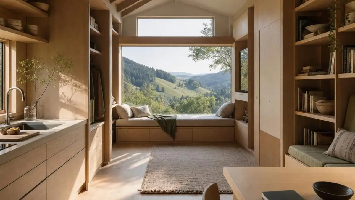 Tiny House Bern mit hellem Innenraum und Blick auf Voralpen