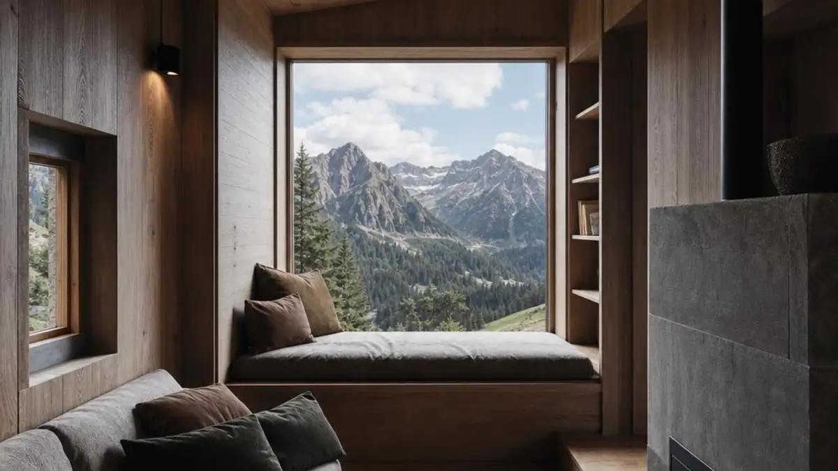Tiny House Graubuenden mit warmem Holzinterieur und Bergfenster