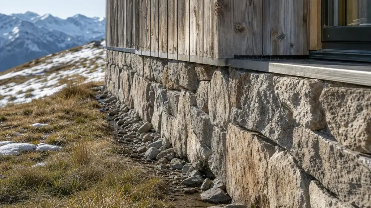 Tiny House Graubuenden mit Natursteinsockel und alpiner Entwaesserung